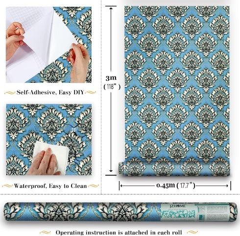 Y9832 Damask Peel and Stick Wallpaper, 17.7" x 9.8ft, Light Blue Removable Contact Paper for Furniture