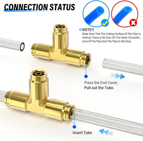 TAILONZ PNEUMATIC 1/4" Tube OD DOT Tee Out Pipe Air Fittings, Straight Brass Push Type for Air Brake Systems (Pack of 2)