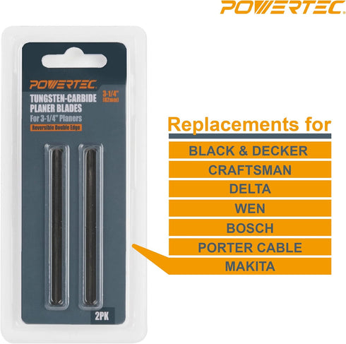 POWERTEC 12841 3-1/4" Tungsten Carbide Hand Held Planer Blades Replacement Set of 2 for Black&Decker, Bosch, DeWalt