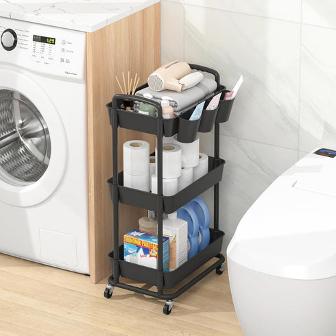 JIUYOTREE 3-Tier Plastic Rolling Storage Cart, Utility Cart with Extra Hanging Cups and Lockable Wheels for Kitchen and