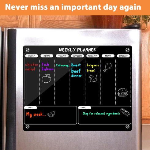 Weekly Dry Erase Board for Refrigerator, Magnetic Weekly Calendar for Fridge, Black Acrylic Note Board, Planner Schedule Board, Double-Sided Use by Kamehame