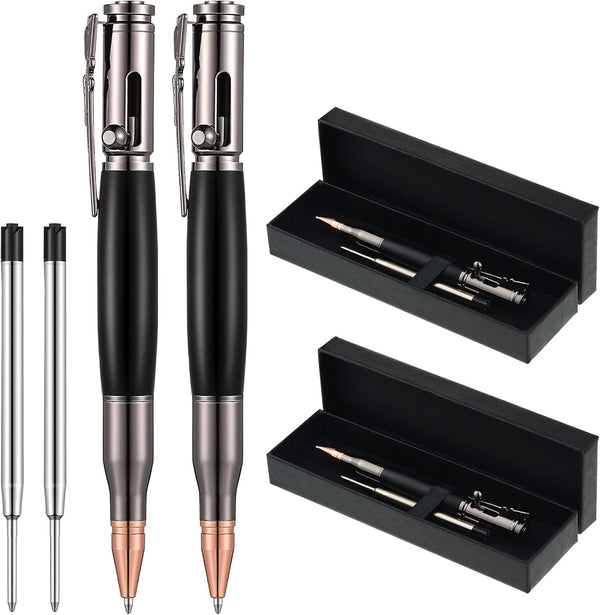 Chinco 2 Pieces Bolt Action Pen - Wood Ballpoint Solid Brass Bullet Shaped Metal Pen with 2 Refills and Present Boxes