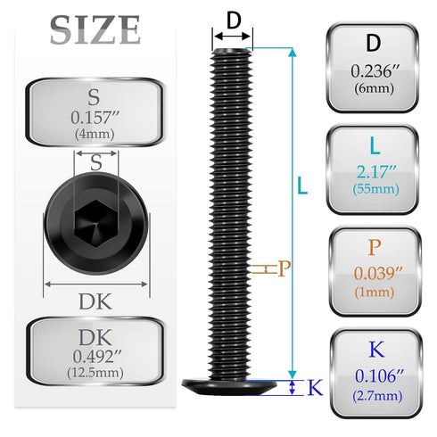 WYLWLS M6 55mm 10 Set 1 (55 mm) x Bolt, Pcs Per with Hex Spanner, Flat Head Hex Socket Cap Bolts, Alloy Steel Black