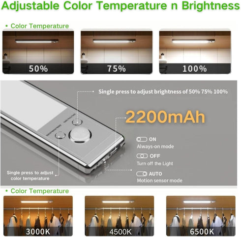 Closet 3-Color Dimmable Counter Motion Sensor Under Cabinet Lighting-Magnetic Rechargeable Lights