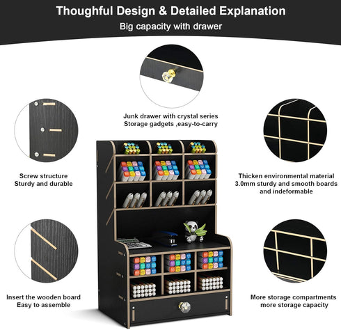 Marbrasse Black Wooden Desk Organizer, Multi-Functional Pen Holder, Storage Rack for School Home Office Art Supplies