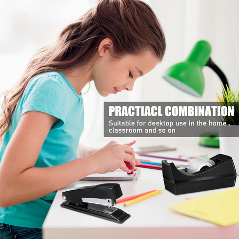 Thenshop 6 Pcs Desk Staplers Tape Dispensers Set, Black Staplers for Office, Includes Standard Staples and Tape Holder