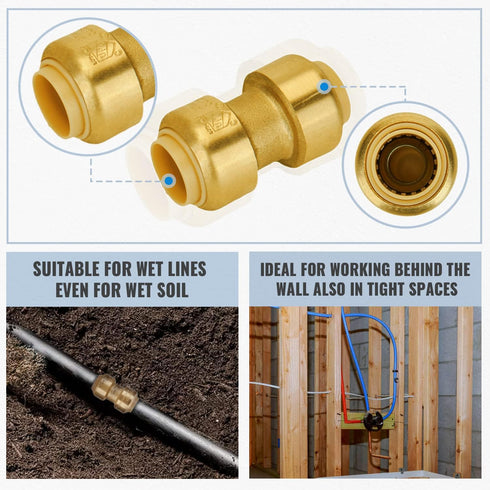SUNGATOR 1/2 Inch Pushfit Plumbing Fittings, 12 Pack, No Lead Brass Push to Connect for PEX, Copper, CPVC