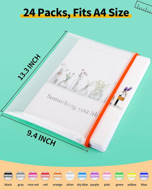 Smarpau Zipper Pouch, 24 Pack, 12 Colors, 13.3" x 9.4", Plastic Waterproof Mesh Bags for Organizing, Travel, Office,
