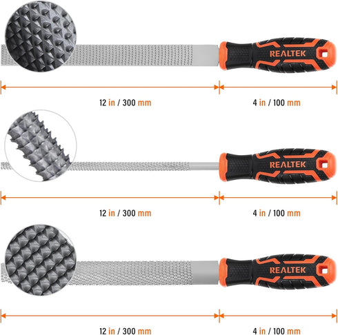 3-Piece 12" Wood Rasp File Set with 4" Longer Rubber Grip, T12 High Carbon Wood File Set for Woodworking, Flat/Half Round/Round Perfect Wood Files for Wood Manual Cutting and Sharping by REALTEK