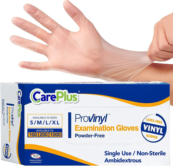 CARE PLUS Pro Vinyl Medical Examination Gloves, Size S, M, L, XL