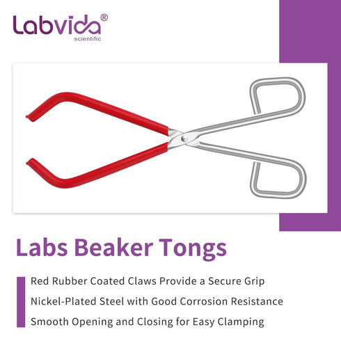 Labs Beaker Tongs, Durable Nickel Plated Steel Tool for 50mL - 2000mL Capacity Beaker, Red Rubber Coated Ends