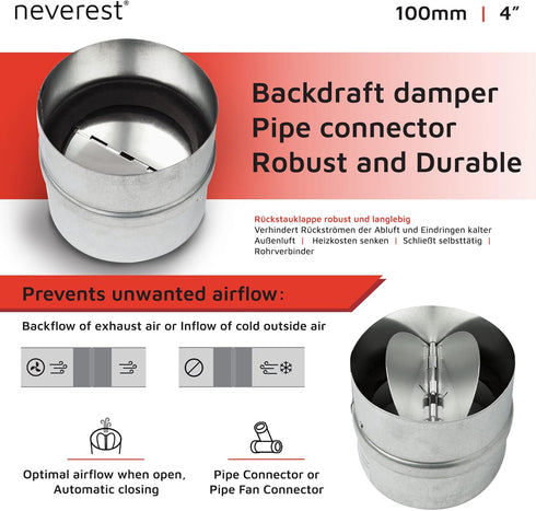 4" neverest RK Professional Backdraft Shutter Damper Connector Duct Fits Only with Metal Ducts