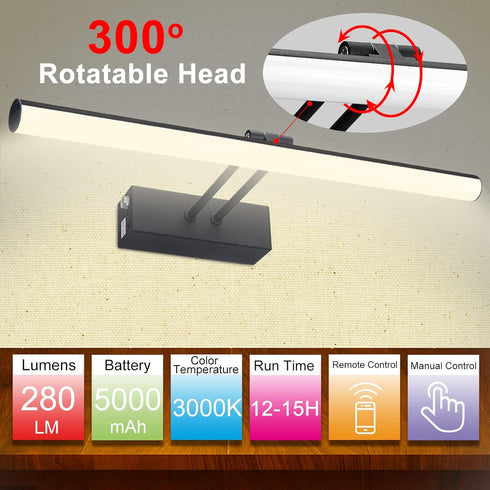 HOWMZON Remote,16 inch Black Picture Light, Battery Operated Painting Lighting with Led Art Lamp, Wirelless Wall