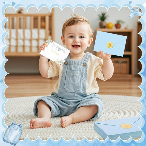 50 Pack Set Thboxes Blue Baby Shower Thank You Cards with Envelopes and Stickers for Boy, Thank You Notes