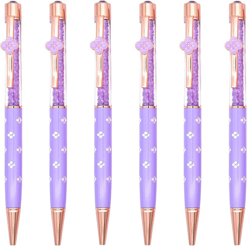 Gullor 6 Pieces Black Ink Pens: Medium Point Ballpoint Crystal Pen with Four-leaf Clover, Purple