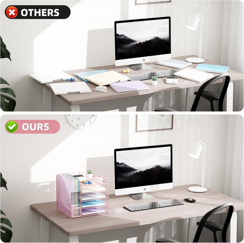 Marbrasse 5-Tier Paper Letter Tray Organizer, Mesh File Organizer for Desk, Pink