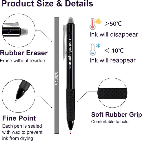 Erasable Gel Pens, 15 Pack Retractable Fine Point Pens, 8 Black 7 Blue Inks for Writing, Planner, Crossword Puzzles