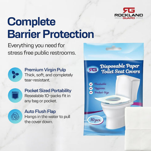 Pack 100 Count (10 10-Packs) Rockland Guard Disposable Toilet Seat Covers - Flushable Paper Travel - Resealable