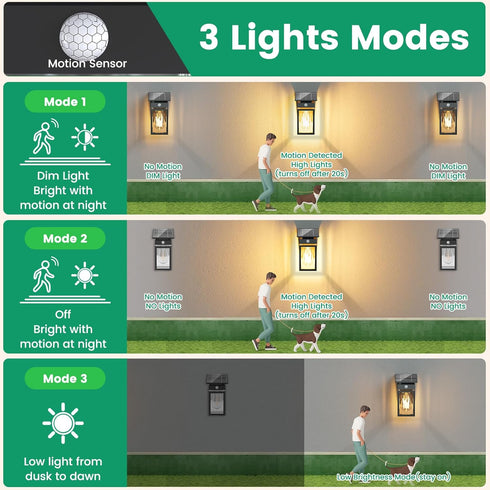 3 IP65 E26 Bulb Solar Porch Lights Outdoor, Dusk to Dawn & Motion Sensor Wall Light with Lantern Shape, Modes