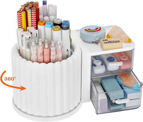 LETURE Rotating Office Desk Organizers with 2 Drawers, Pencil Pen Marker Holder for Home, Art Supplies (White)