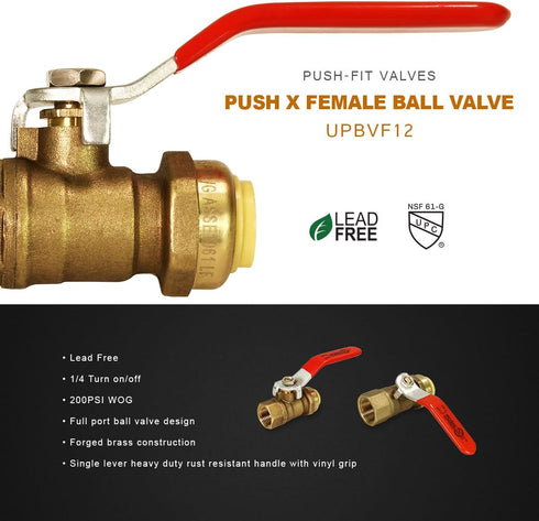 Everflow Supplies Pushlock UPBVF12 1/2 Inch Push X Female Ball Valve, Full Port Design