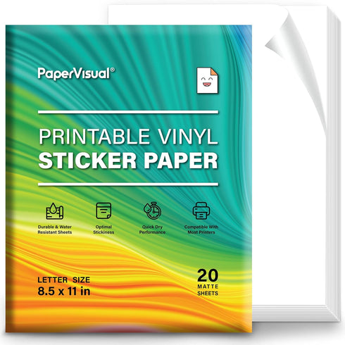 Printable Permanent Vinyl Paper, 20 Sticker Sheets for Printer, Matte White Waterproof, Thick Tear-Resistant