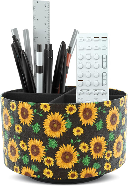 Hennaja Round Leather Art Supply Organizer, 360 Degree Rotating Remote Control Holder, Multi-Functional Pencil Holder