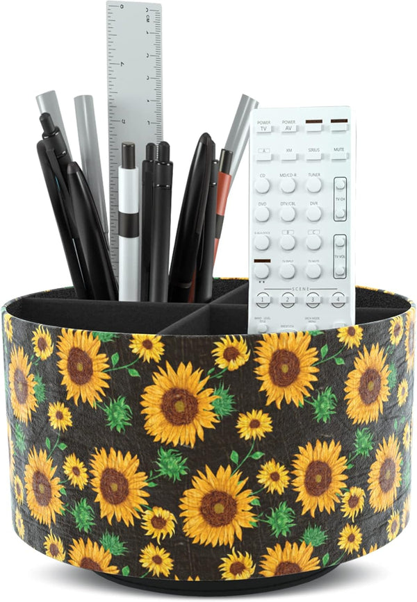 Hennaja Round Leather Art Supply Organizer, 360 Degree Rotating Remote Control Holder, Multi-Functional Pencil Holder