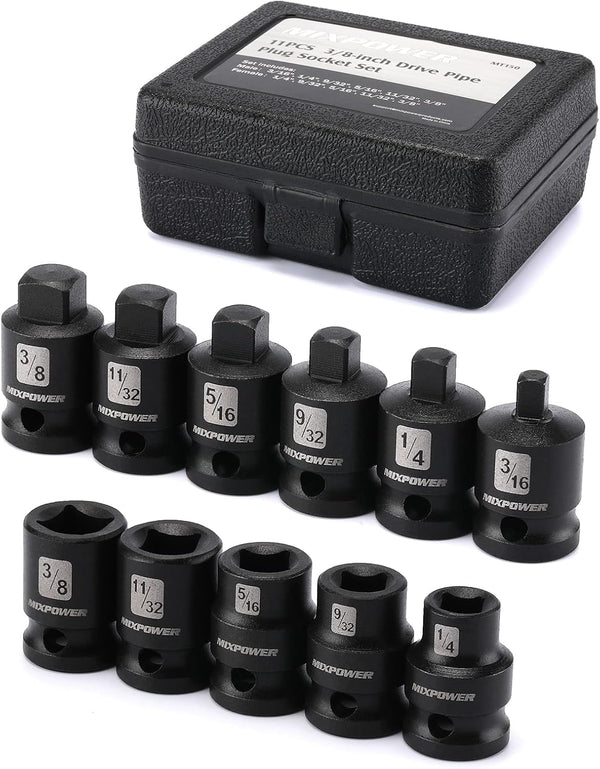 MIXPOWER 11 Pieces 3/8-inch Drive Pipe Plug Socket Set, SAE, CR-MO, Tapered