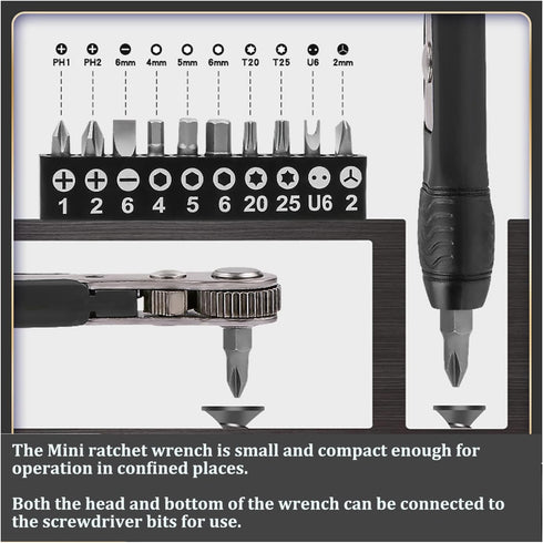 11pc 36-Tooth 1/4 inch Mini Ratchet Wrench Screwdriver Bit Set, High Torque Mini Offset Reversible Drive Handle