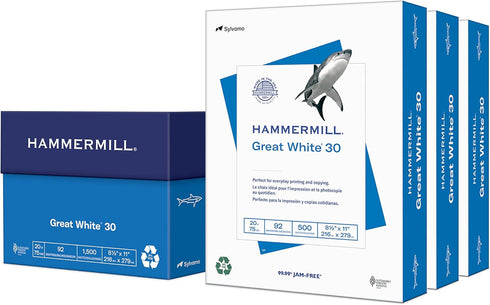 Hammermill Printer Paper, Great White 30% Recycled Paper, 8.5 x 11, 3 Ream (1,500 Sheets), 92 Bright, Made in the USA