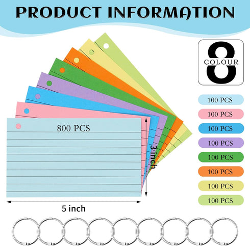 800 3x5 Inches PCS Index Cards Colored Flash Cards with Ring, Punched Lined Flashcards Ruled Index Cards Notecards