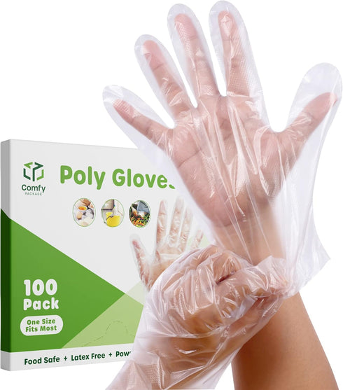 Comfy Package [100 Count Disposable Poly Plastic Gloves for Cooking, Food Prep and Service, Latex & Powder Free