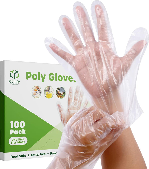 Comfy Package [100 Count Disposable Poly Plastic Gloves for Cooking, Food Prep and Service, Latex & Powder Free