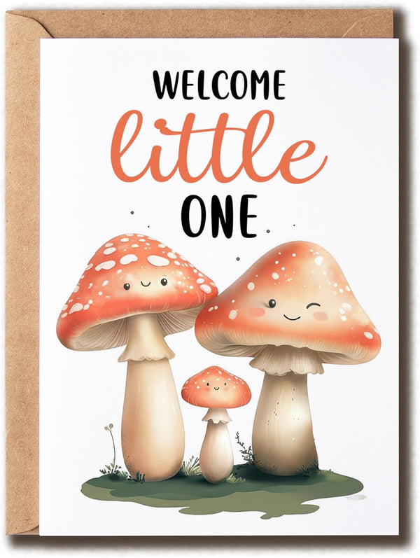 ZoZi9xDesigns Welcome Little One Card - Mushroom New Baby - Greeting Card -