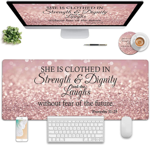Large Gaming Mouse Pad, Long Extended XL Ergonomic Mousepad Desk Pad, Large Rubber Mice Pads Stitched Edges, 31.5'' X 11.8'+ Cup Coaster, Proverbs 31:25,Bible Verse Pink Glitter Design by Yuxcfhjfe