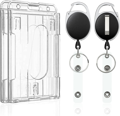 Pawfly 2 Pack Vertical 2-Card Badge Holder, Hard Transparent PC Case Protector with Retractable Badge Reel Clip