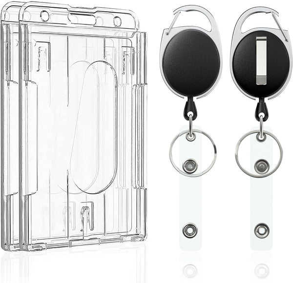 Pawfly 2 Pack Vertical 2-Card Badge Holder, Hard Transparent PC Case Protector with Retractable Badge Reel Clip