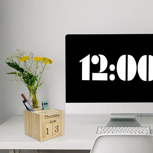 Wooden Blocks Perpetual Calendar with Pen Holder, Natural Pine Wood Desk Organizer