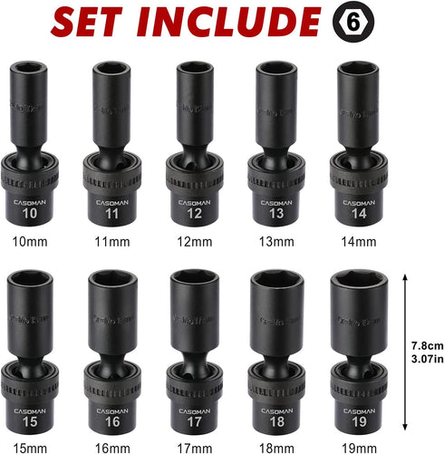 10 3/8" Set, 6 Metric,10-19mm CASOMAN PCS Drive Deep Standard Universal Impact Socket Point, CR-MO