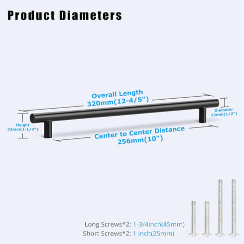 KNOBWELL 6 Pack 10" Black Cabinet Handles, Euro Style Stainless Steel Modern Long Kitchen Door Pulls