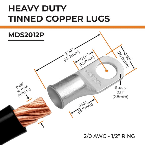 SELTERM 15pcs 2/0 AWG 1/2" Stud UL Marine Grade Battery Terminal Connectors, Tinned Copper Cable Lugs