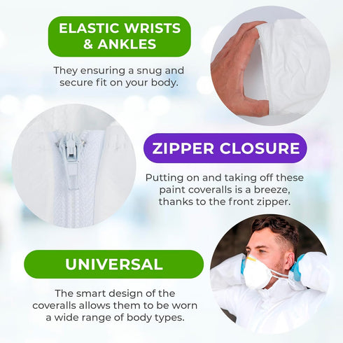 60 Pack 5, AMZ Medical Supply Disposable Coveralls with Hood & Boots, GSM White Work Coveralls, Medium, of Zipper