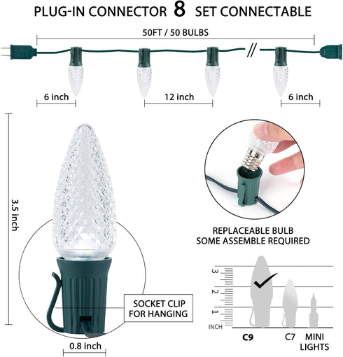 C9 50 50+2(Spare) Bulbs Christmas String Lights Outdoor Feet Led Christmas Lights, Strawberry Connectable UL Certified
