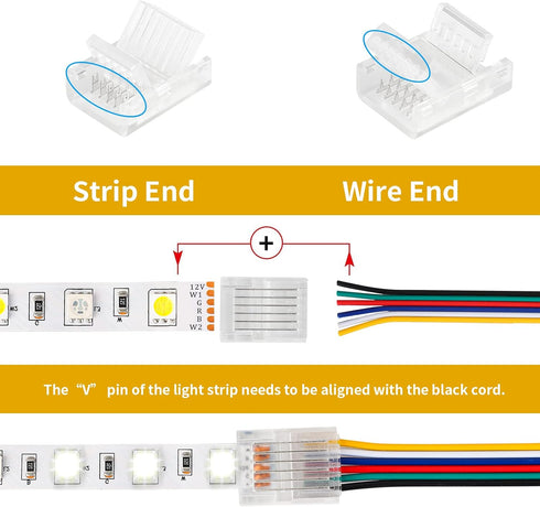 6 Pin LED Strip Connectors - Solderless 10 Pack with 16.4ft Extension Cable for Waterproof 12mm LED Strip Lights