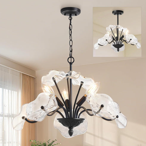 Porch,3 Luvkczc Black Chandelier,Vintage Flower Glass Pendant Light Fixture,Mid Century Ceiling Light Fixture