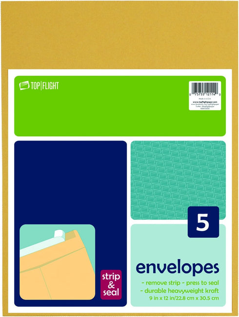 Top Flight Open-End Envelopes, 9 x 12 Inches, Brown Kraft, 5 Envelopes per Pack