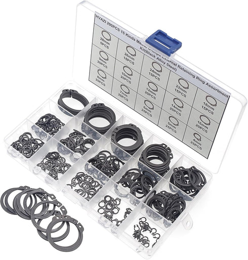 290PCS External Retaining Ring C-Clips Assortment Kit in Black Alloy Steel
