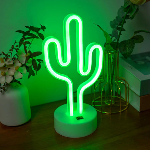 Summer, Green Cactus Neon Lights with Holder Base, Cactus Neon Signs for Bedroom, Tabletop, Bar, Birthday, Christmas