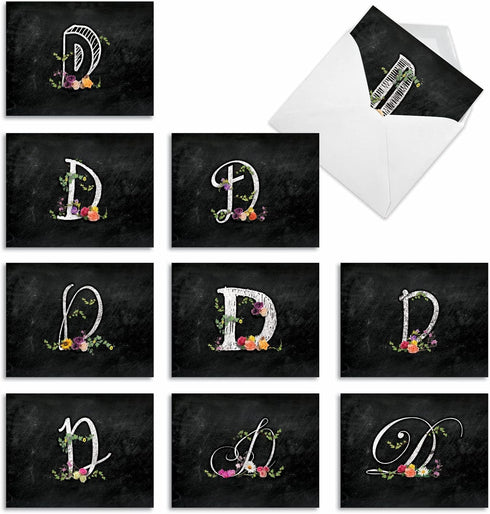 The Best Card Company - 10 Initial Letter D Assorted Blank Notecards, Floral Monogrammed Stationery
